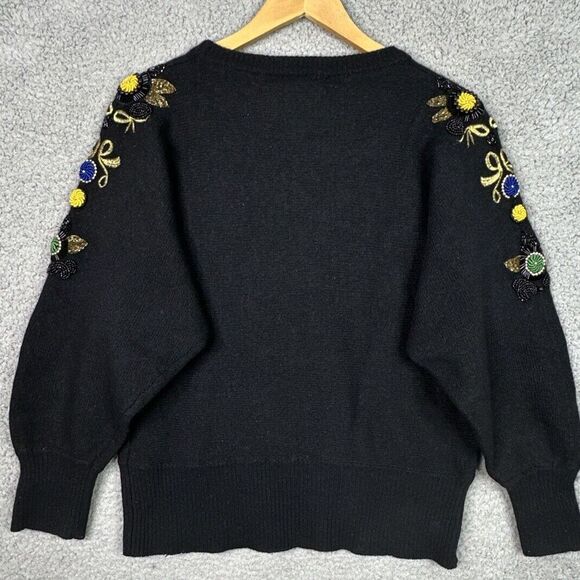VTG  80s La Mittini Wool Angora Sweater L Black Floral Embroidered Beaded Retro - Picture 9 of 13